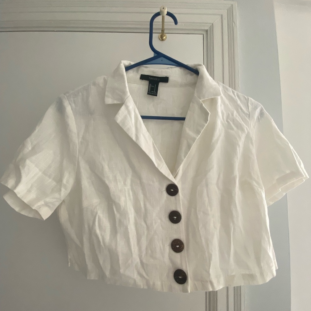 Forever 21 White Cropped Button-Down Shirt